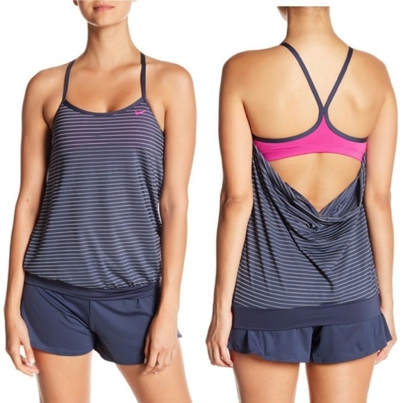 Nike Layered Striped Tankini Top 422 THUNDER - Picture 1 of 1